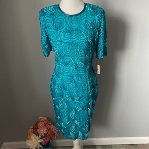 VINTAGE Stenay 100% Silk Teal Sequin Beaded Cocktail Party Dress